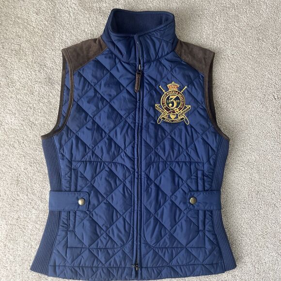 Ralph Lauren Sport Womens Vest S Quilted Crest Crown Logo Suede Trim Equestrian - Picture 2 of 6